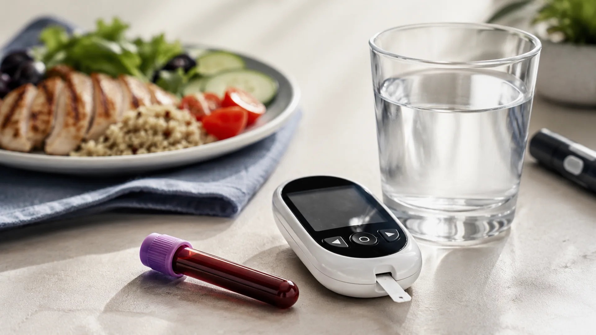 Laboratory blood sample, glucose meter and meal representing different ways of measuring blood sugar