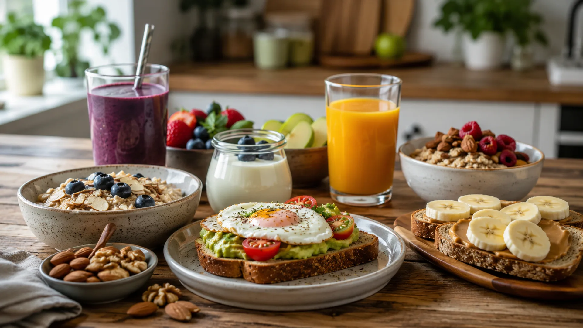 Healthy-looking meal with whole grains, fruit, yogurt and nuts
