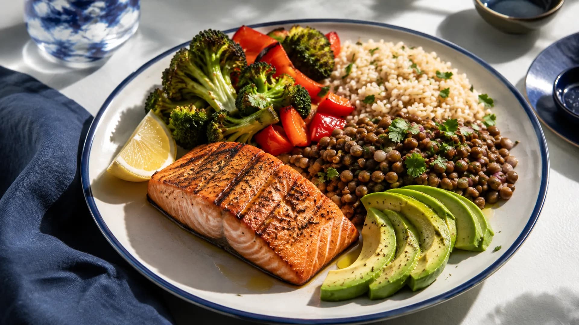 Balanced meal containing protein, vegetables, healthy fats and carbohydrate