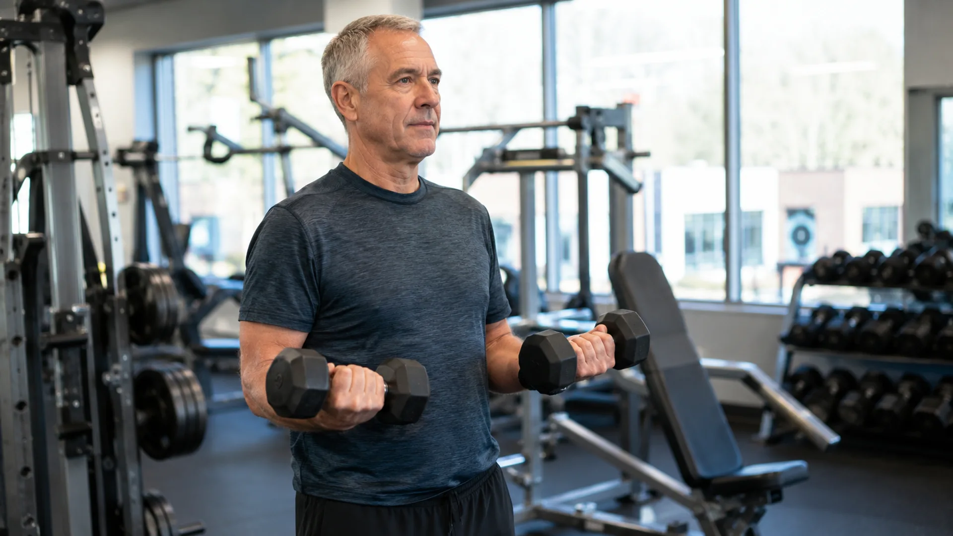 Man in his late 50s performing resistance exercise in a gym