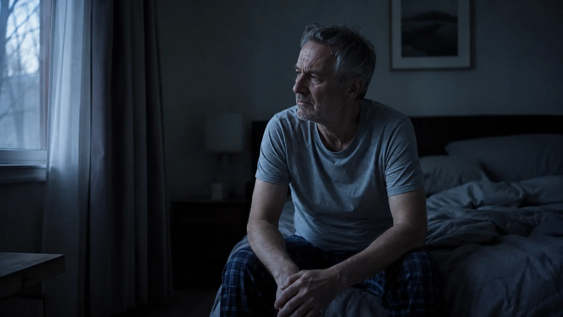 Middle-aged man awake early in the morning after a poor night of sleep